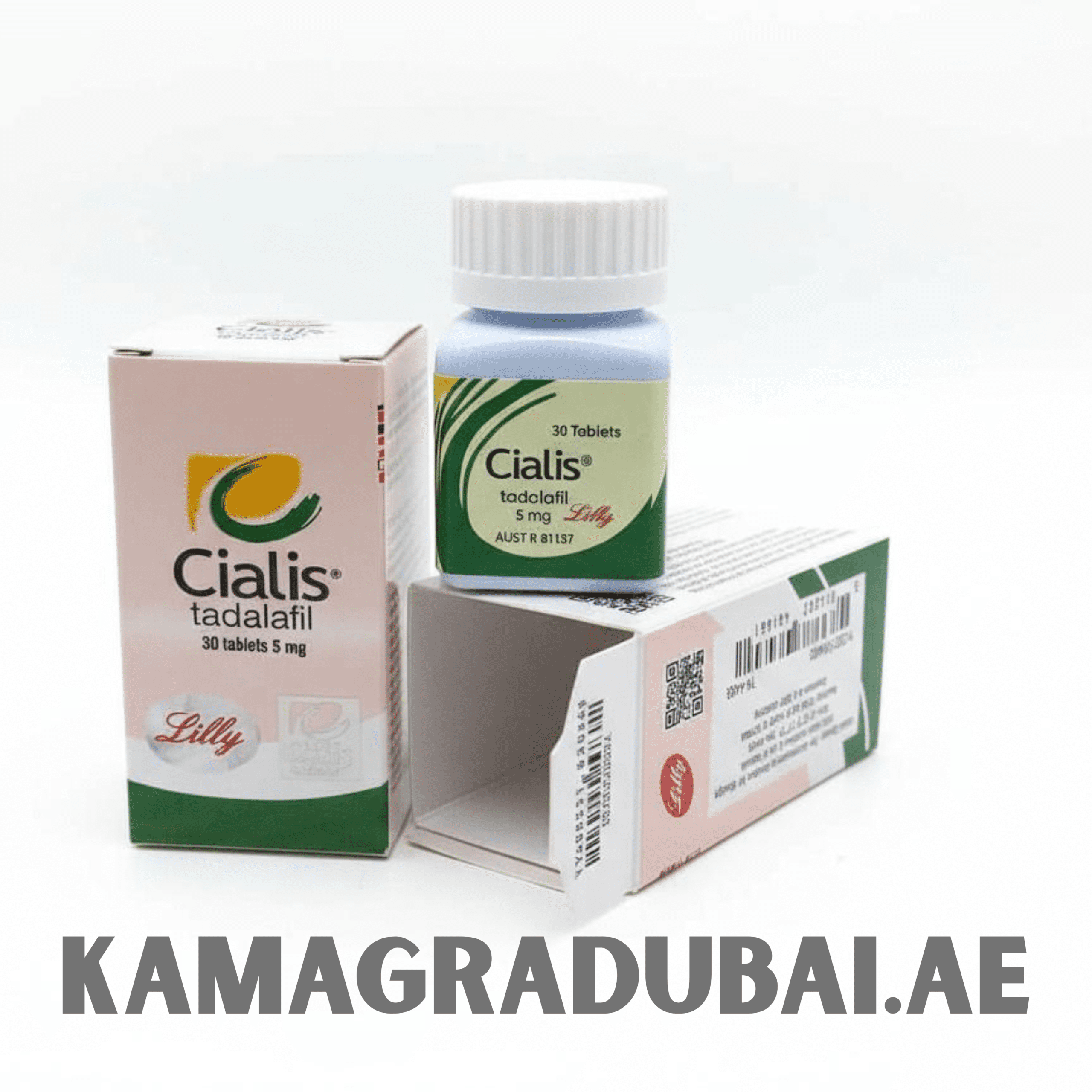 Box and bottle packaging of Cialis Tadalafil 5 mg (30 tablets) by Lilly. The light green and beige box and white bottle with green labeling indicate the medication used for treating erectile dysfunction and improving male performance.