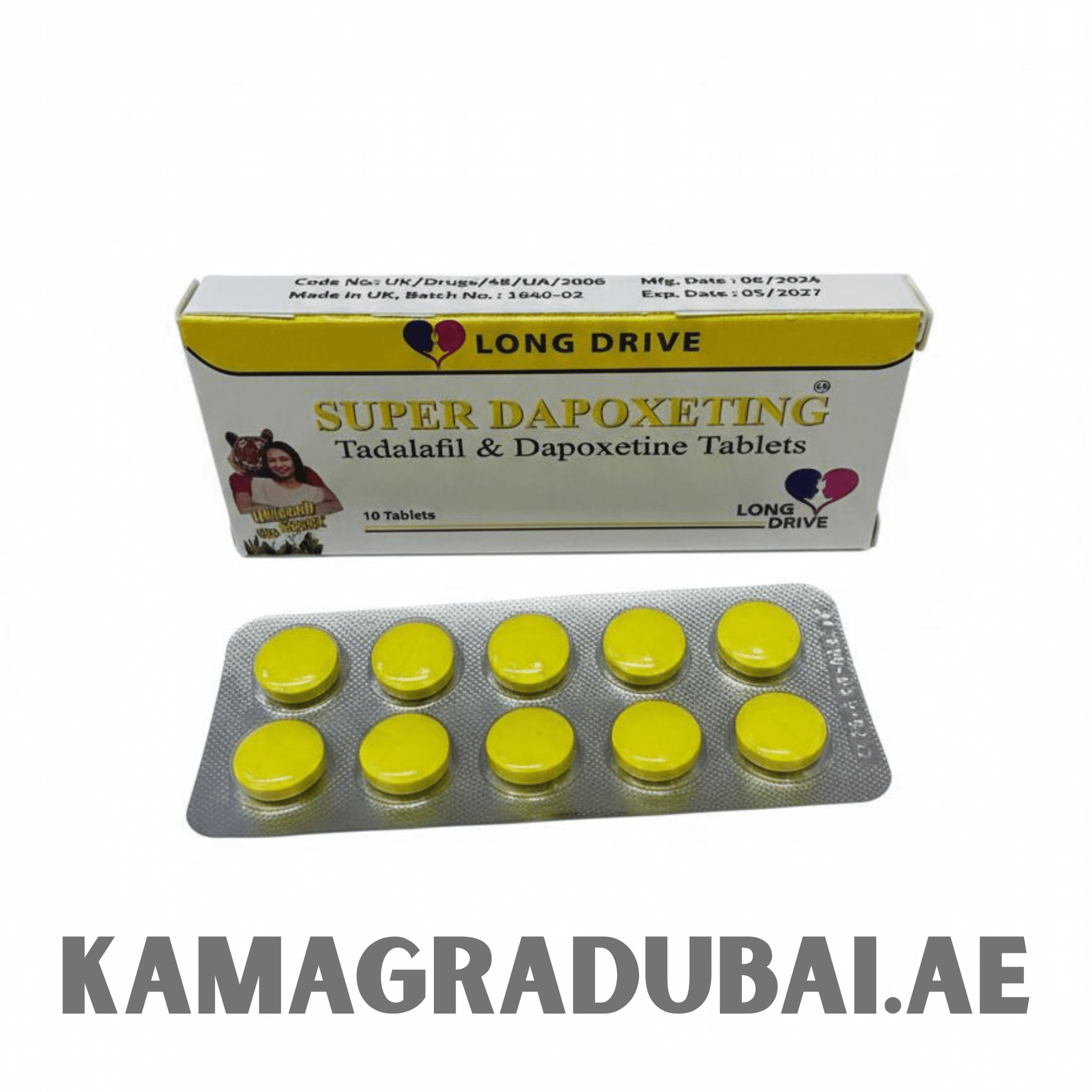 Box and blister pack of Super Dapoxeting tablets labeled “Tadalafil & Dapoxetine Tablets.” The white and yellow packaging displays the “Long Drive” brand logo and contains ten round yellow pills.